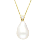 00028214 18ct Yellow Gold White Pearl 0.10ct Diamond Drop Necklace, UNQPEARL49