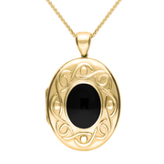 00028670 C W Sellors 18ct Yellow Gold Whitby Jet Large Celtic Oval Locket, P206