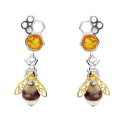 00166574 C W Sellors 9ct Yellow Gold Sterling Silver Amber Bee and Honeycomb Drop Earrings, E2426.