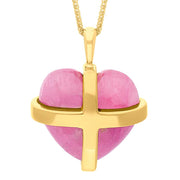 18ct Yellow Gold Pink Greenland Sapphire Large Cross Heart Necklace P1542