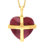 18ct Yellow Gold Red Greenland Ruby Large Cross Heart Necklace P1542