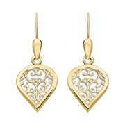 18ct Yellow Gold Bauxite Flore Filigree Heart Drop Earrings. E2588.