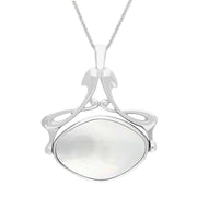 18ct White Gold Whitby Jet Mother Of Pearl Bell Diamond Swivel Fob Necklace, P113_10.