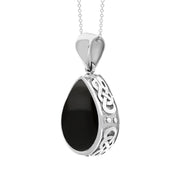 18ct White Gold Whitby Jet White Mother Of Pearl Double Sided Celtic Edge Pear Cut Fob Necklace, P410_3.