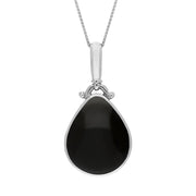 18ct White Gold Whitby Jet Mother of Pearl Double Sided Pear Fob Necklace, P056_2.