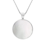 18ct White Gold Whitby Jet Mother Of Pearl Large Double Sided Round Fob Necklace, P012.