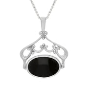 18ct White Gold Whitby Jet Mother Of Pearl Ornate Double Sided Oval Swivel Fob Necklace, P116_8_2.