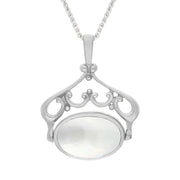 18ct White Gold Whitby Jet Mother Of Pearl Ornate Double Sided Oval Swivel Fob Necklace, P116_8.