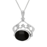 18ct White Gold Whitby Jet Mother Of Pearl Ornate Double Sided Oval Swivel Fob Necklace, P116_8_3.