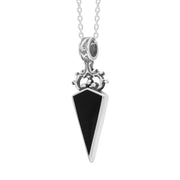 18ct White Gold Whitby Jet White Mother Of Pearl Double Sided Scroll Top Dagger Fob Necklace, P423_3.