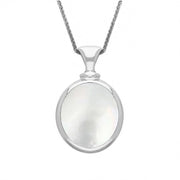 18ct White Gold Whitby Jet White Mother Of Pearl Small Double Sided Oval Fob Necklace, P219_2.