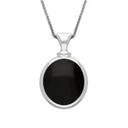 18ct White Gold Whitby Jet White Mother Of Pearl Small Double Sided Oval Fob Necklace, P219.