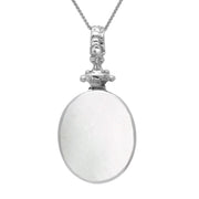 18ct White Gold Whitby Jet White Mother Of Pearl Double Sided Oval Fob Necklace, P100.