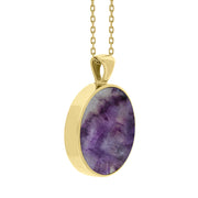 18ct Yellow Gold Blue John Mother Of Pearl Large Double Sided Round Fob Necklace, P012_3.