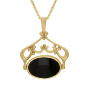 18ct Yellow Gold Blue John Whitby Jet Ornate Double Sided Oval Swivel Fob Necklace, P116_8.