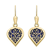 18ct Yellow Gold Lapis Lazuli Flore Filigree Heart Drop Earrings. E2588.