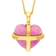 18ct Yellow Gold Pink Greenland Sapphire Medium Cross Heart Necklace P1543