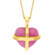 18ct Yellow Gold Pink Greenland Sapphire Small Cross Heart Necklace P1544