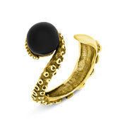 18ct Yellow Gold Whitby Jet Bead Swirl Tentacle Ring, R1184.