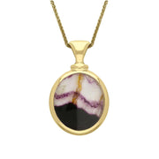 18ct Yellow Gold Whitby Jet Blue John Small Double Sided Oval Fob Necklace, P219.