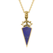 18ct Yellow Gold Whitby Jet Lapis Lazuli Double Sided Scroll Top Dagger Fob Necklace, P423.