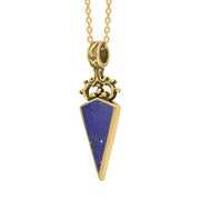 18ct Yellow Gold Whitby Jet Lapis Lazuli Double Sided Scroll Top Dagger Fob Necklace, P423_3.