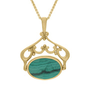 18ct Yellow Gold Whitby Jet Malachite Ornate Double Sided Oval Swivel Fob Necklace, P116_8.