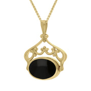 18ct Yellow Gold Whitby Jet Malachite Ornate Double Sided Oval Swivel Fob Necklace, P116_8_3.