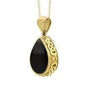 18ct Yellow Gold Whitby Jet White Mother Of Pearl Double Sided Celtic Edge Pear Cut Fob Necklace, P410_3.