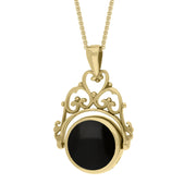 18ct Yellow Gold Whitby Jet Mother Of Pearl Double Sided Round Swivel Fob Necklace, P110_2_3.