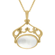 18ct Yellow Gold Whitby Jet Mother Of Pearl Ornate Double Sided Oval Swivel Fob Necklace, P116_8.