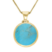 18ct Yellow Gold Whitby Jet Turquoise Double Sided Round Dinky Fob Necklace, P218.