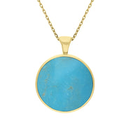 18ct Yellow Gold Whitby Jet Turquoise Large Double Sided Round Fob Necklace, P012.