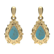 18ct Yellow Gold Turquoise Pear Shaped Leaf Drop Earrings, E083.