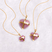 18ct Yellow Gold Pink Greenland Sapphire Small Cross Heart Necklace P1544