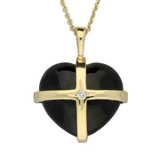 18ct Yellow Gold Whitby Jet 0.02ct Diamond Small Cross Heart Necklace P2654