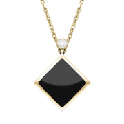 18ct Yellow Gold Whitby Jet 0.10ct Diamond Top Flat Square Necklace. P988C.