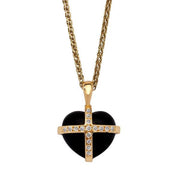 18ct Yellow Gold Whitby Jet 0.16ct Diamond Small Cross Heart Necklace P1908C