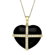 18ct Yellow Gold Whitby Jet 1.00ct Diamond Large Cross Heart Necklace, PUNQ0002794.
