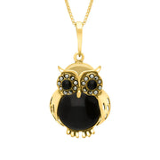 9ct Yellow Gold Whitby Jet Marcasite Medium Owl Necklace
