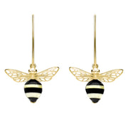 9ct Yellow Gold Amber Whitby Jet Bee Small Hook Earrings, E2438.