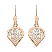 9ct Rose Gold Bauxite Flore Filigree Heart Drop Earrings. E2588.