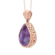 9ct Rose Gold Blue John White Mother Of Pearl Double Sided Celtic Edge Pear Cut Fob Necklace, P410_3.