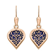 9ct Rose Gold Lapis Lazuli Flore Filigree Heart Drop Earrings. E2588.