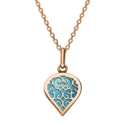 9ct Rose Gold Turquoise Flore Filigree Small Heart Necklace. P3629.