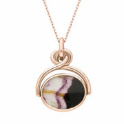 9ct Rose Gold Whitby Jet Blue John Oval Swivel Fob Necklace, P096.