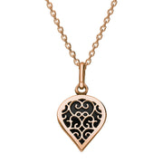 9ct Rose Gold Whitby Jet Flore Filigree Small Heart Necklace. P3629.