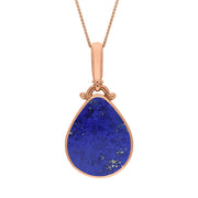 9ct Rose Gold Whitby Jet Lapis Lazuli Double Sided Pear Fob Necklace, P056.