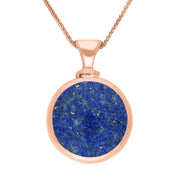 9ct Rose Gold Whitby Jet Lapis Lazuli Double Sided Round Dinky Fob Necklace, P218.