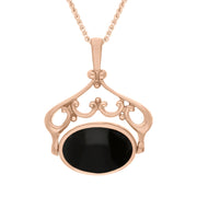 9ct Rose Gold Whitby Jet Lapis Lazuli Ornate Double Sided Oval Swivel Fob Necklace, P116_8_2.